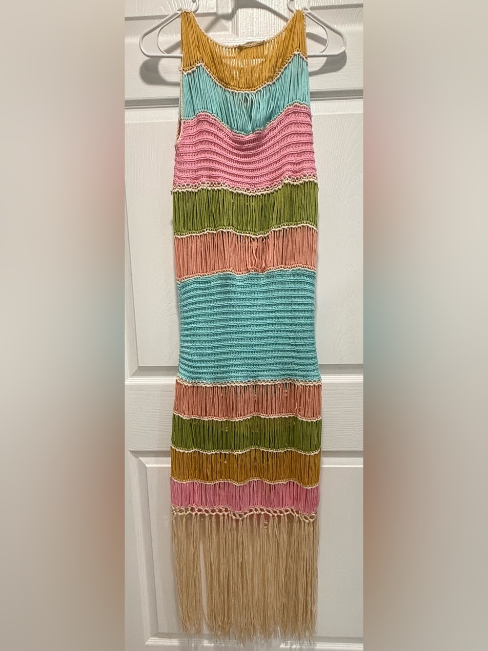 MABLE Multicolor Crochet Fringe Maxi Dress in Mustard, Aqua, Pink, Olive